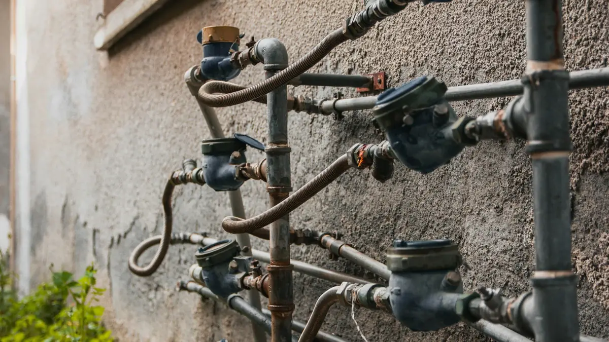 A row of water meters and pipes mounted on an exterior wall - Leak Detection in Cape Girardeau